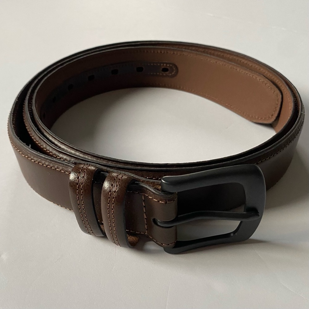 Men's Leather Belt Size 54 56 Brown New NWOT Metal Buckle Dress Stitching around
